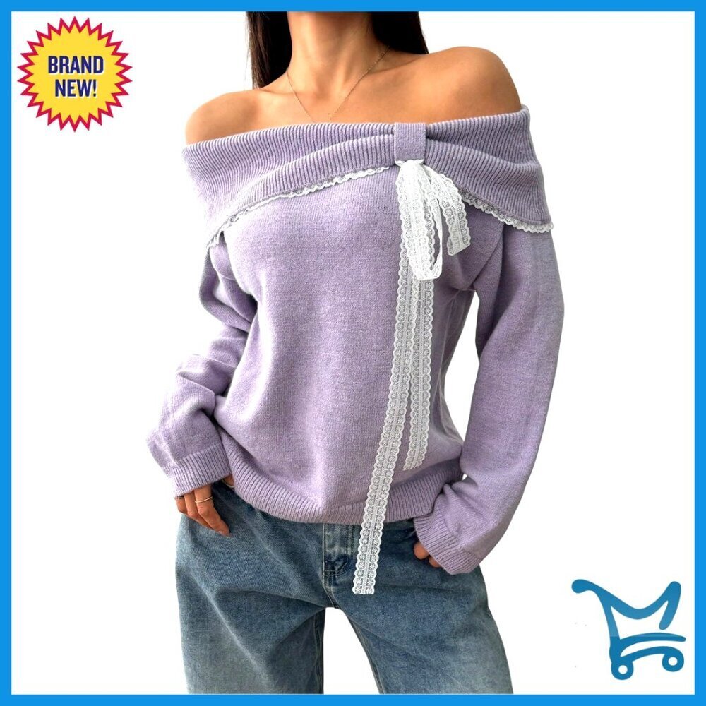 Off Shoulder Sweater Long Sleeve Lace Bow Tie Cropped Pullover Chic Elegant